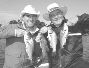 Nathan and Terry Quailey with a brace of estuary perch caught on soft plastics and released in prime condition.